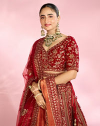 Mohey Women Berry Red Embroidered Bridal Lehenga
