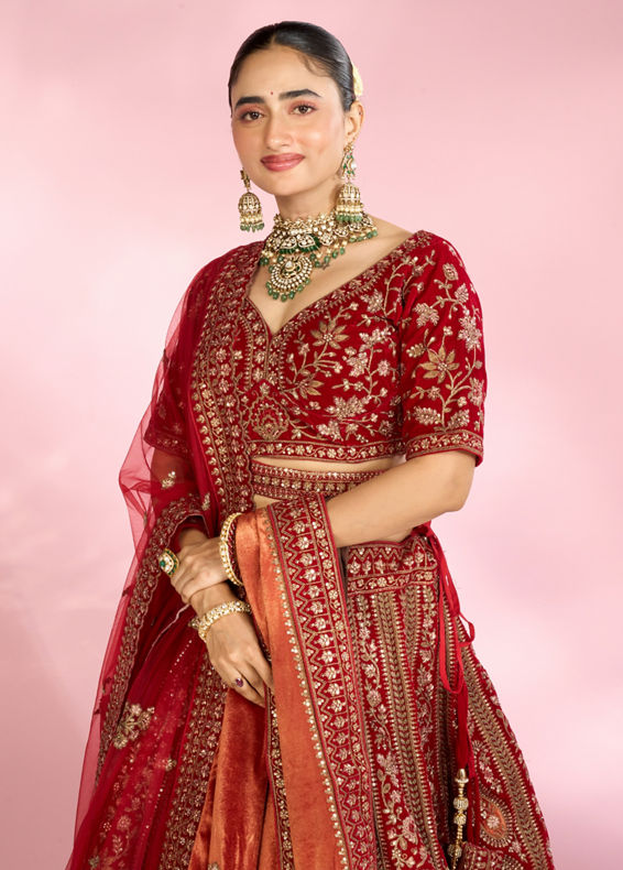 Mohey Women Berry Red Embroidered Bridal Lehenga