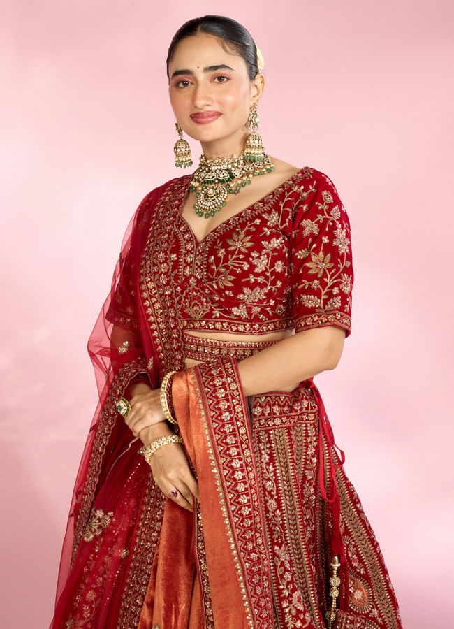 Mohey Women Berry Red Embroidered Bridal Lehenga