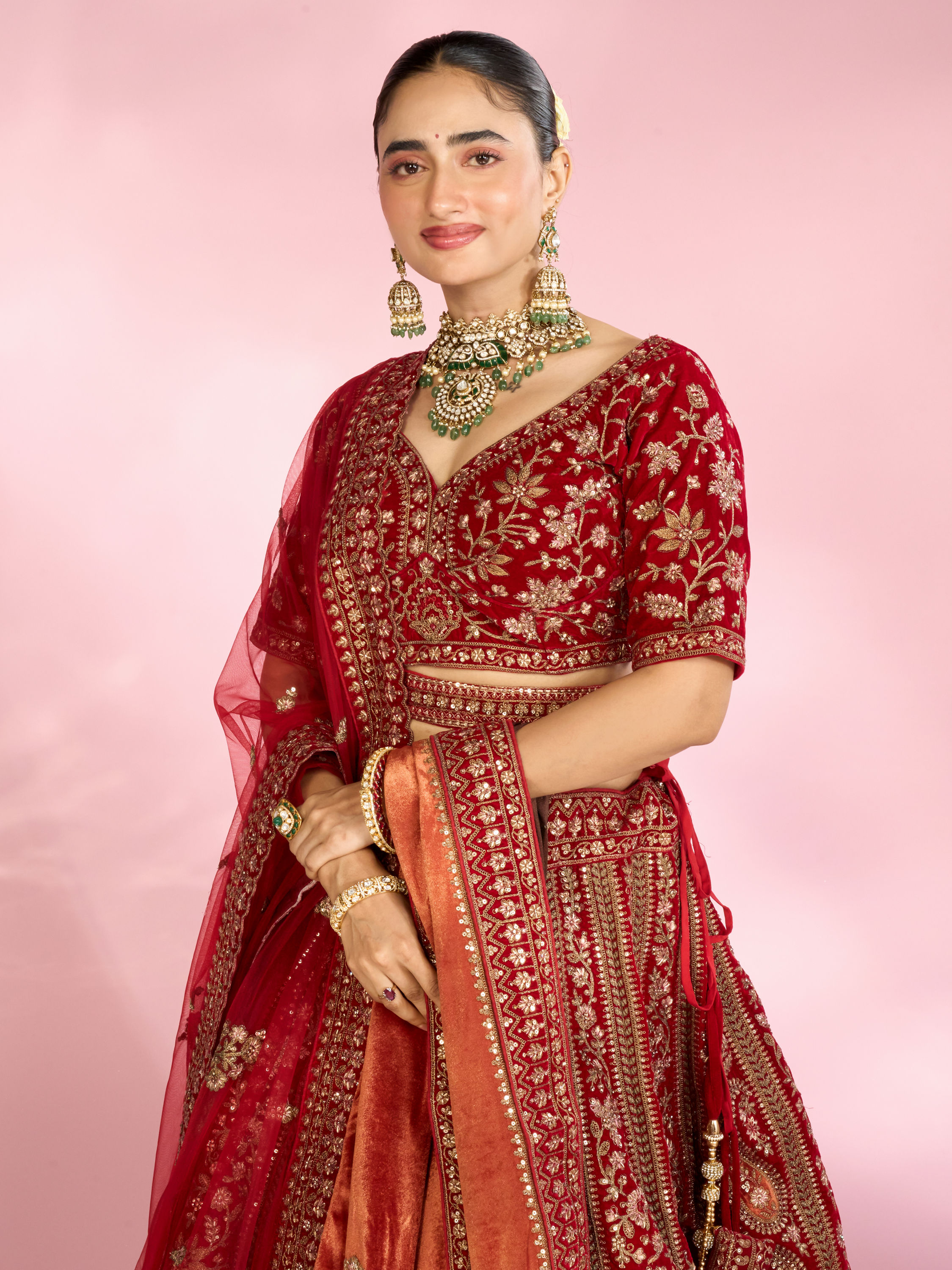 Mohey Women Berry Red Embroidered Bridal Lehenga