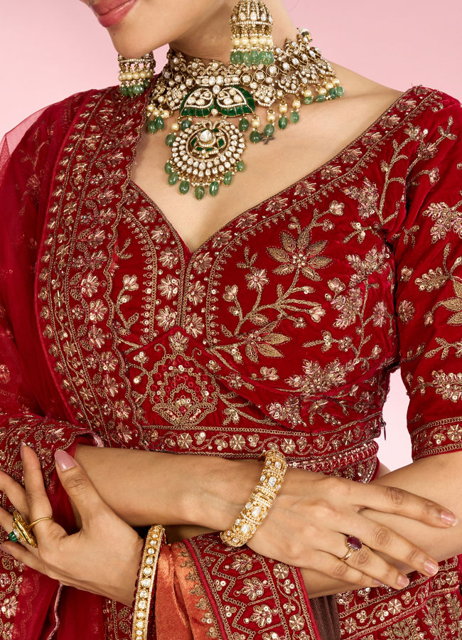 Mohey Women Berry Red Embroidered Bridal Lehenga
