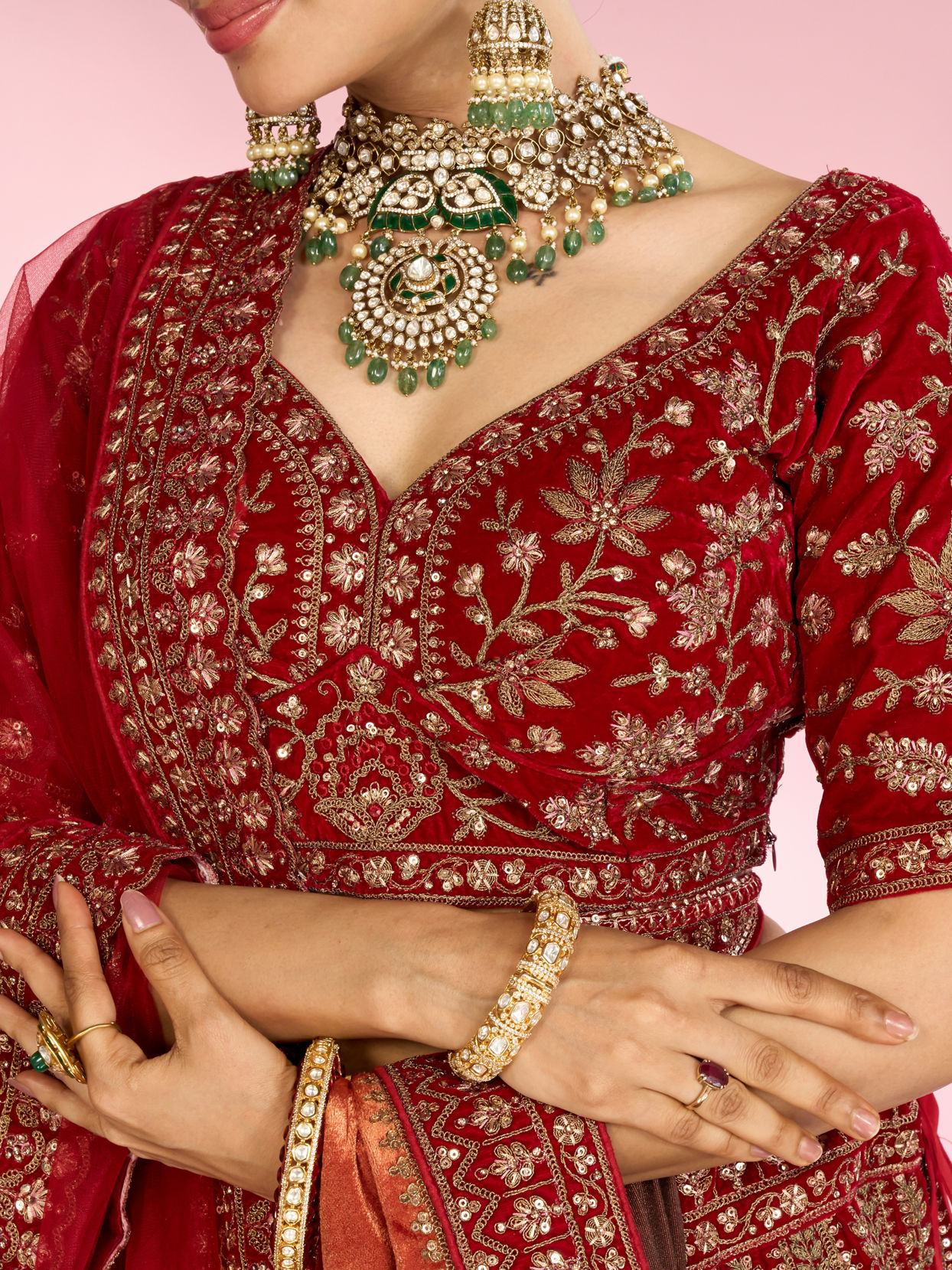 Mohey Women Berry Red Embroidered Bridal Lehenga