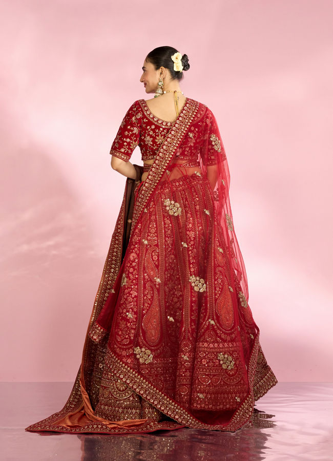 Mohey Women Berry Red Embroidered Bridal Lehenga
