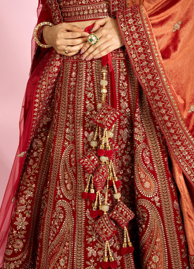 Mohey Women Berry Red Embroidered Bridal Lehenga