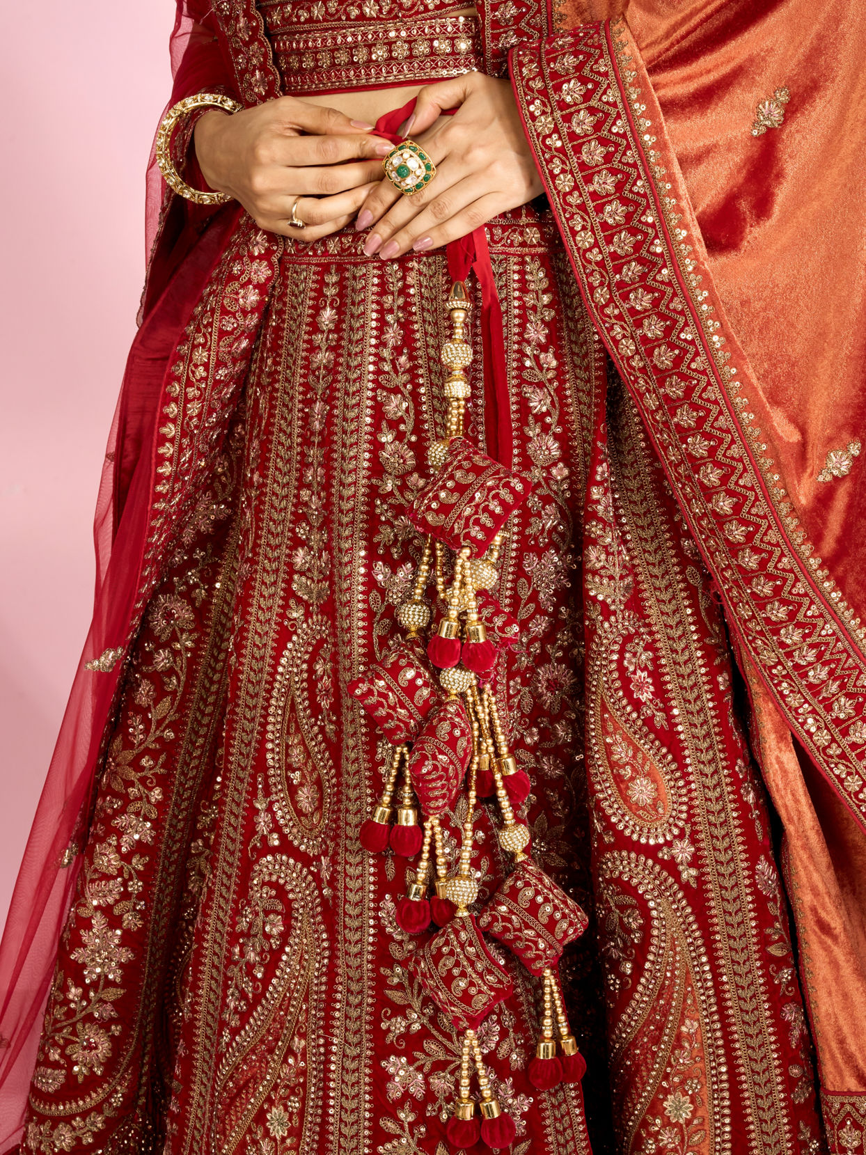 Mohey Women Berry Red Embroidered Bridal Lehenga