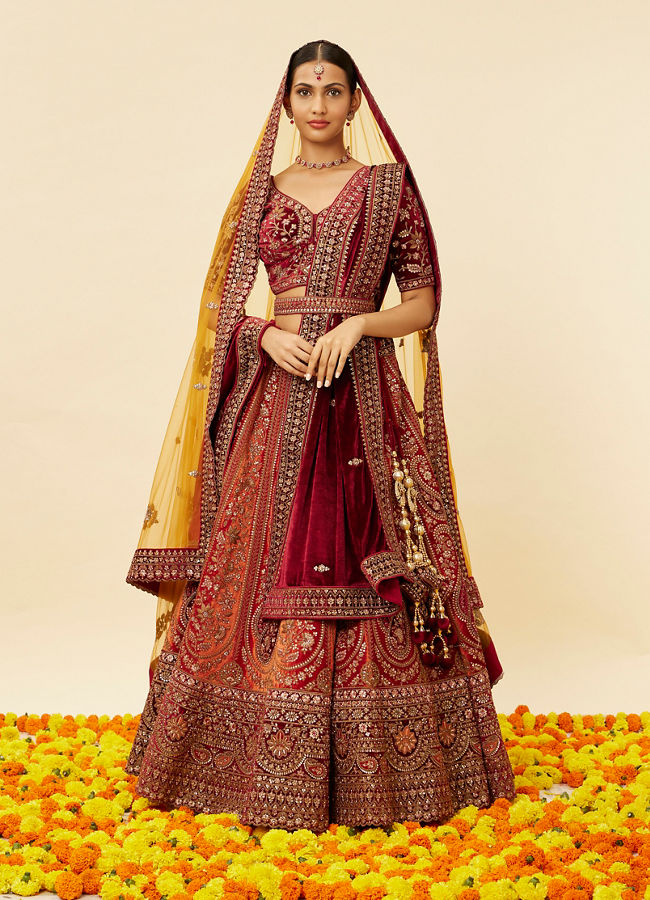 Buy Cherry red and Sunrise Orange Rhinestone Work Bridal Lehenga Online in India Mohey Lehenga for Women