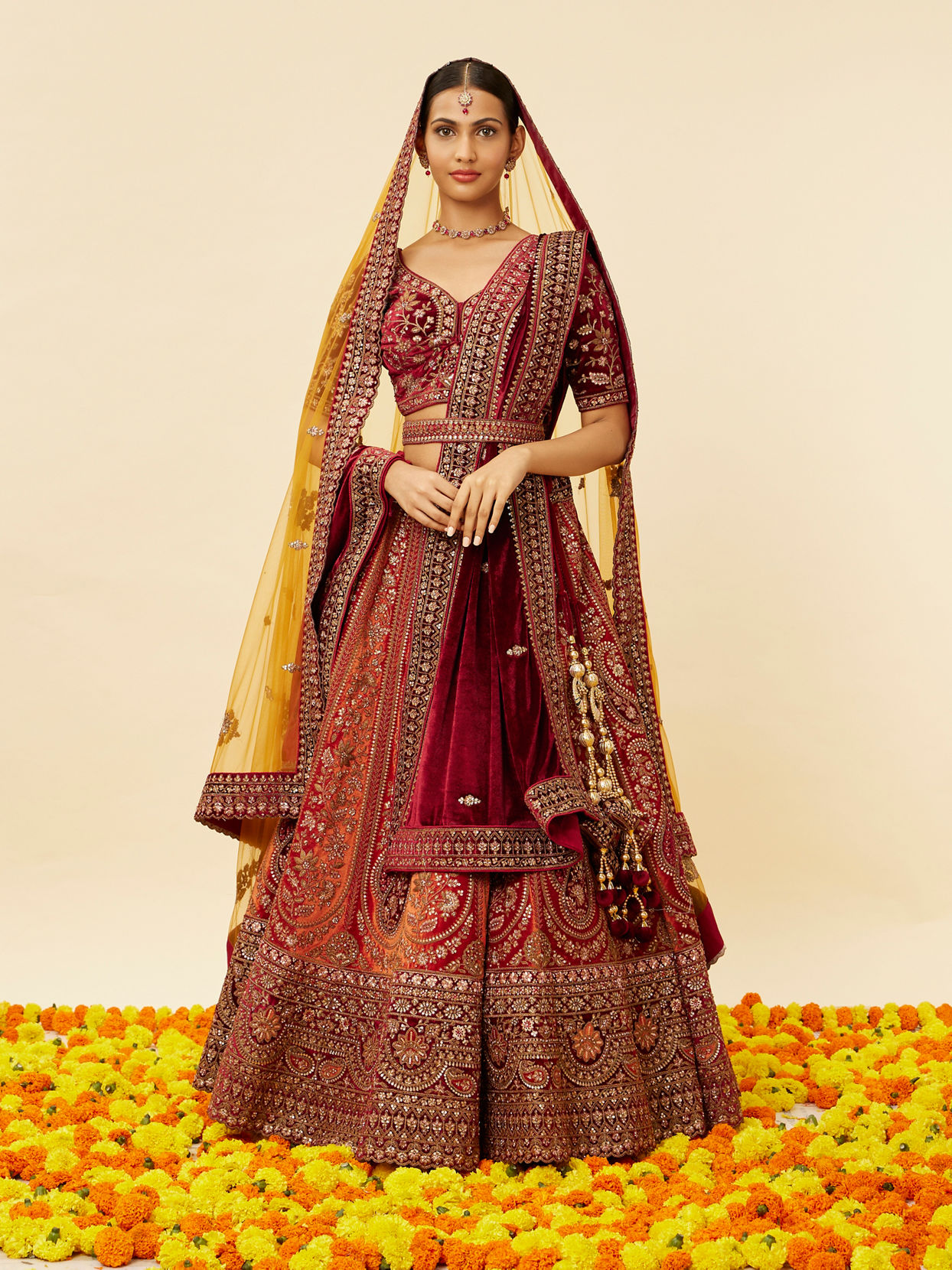 alt message - Mohey Women Cherry red and Sunrise Orange Rhinestone Work Bridal Lehenga image number 0