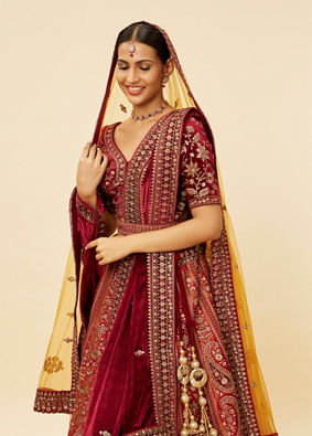 Cherry red and Sunrise Orange Rhinestone Work Bridal Lehenga image number 1