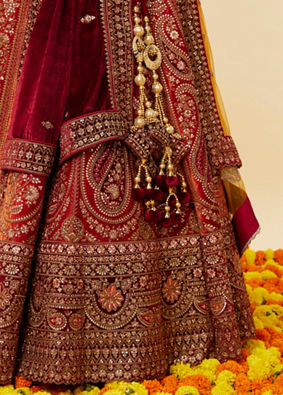 Cherry red and Sunrise Orange Rhinestone Work Bridal Lehenga image number 3