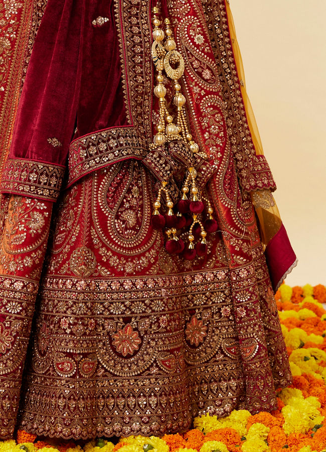 Cherry red and Sunrise Orange Rhinestone Work Bridal Lehenga image number 3