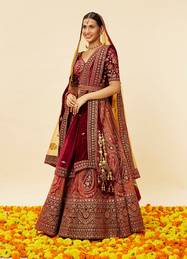 Buy Cherry red and Sunrise Orange Rhinestone Work Bridal Lehenga