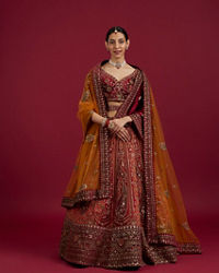 Mohey Women Cherry red and Sunrise Orange Rhinestone Work Bridal Lehenga