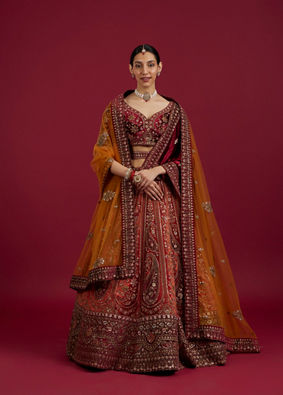 Mohey Women Cherry red and Sunrise Orange Rhinestone Work Bridal Lehenga image number 0