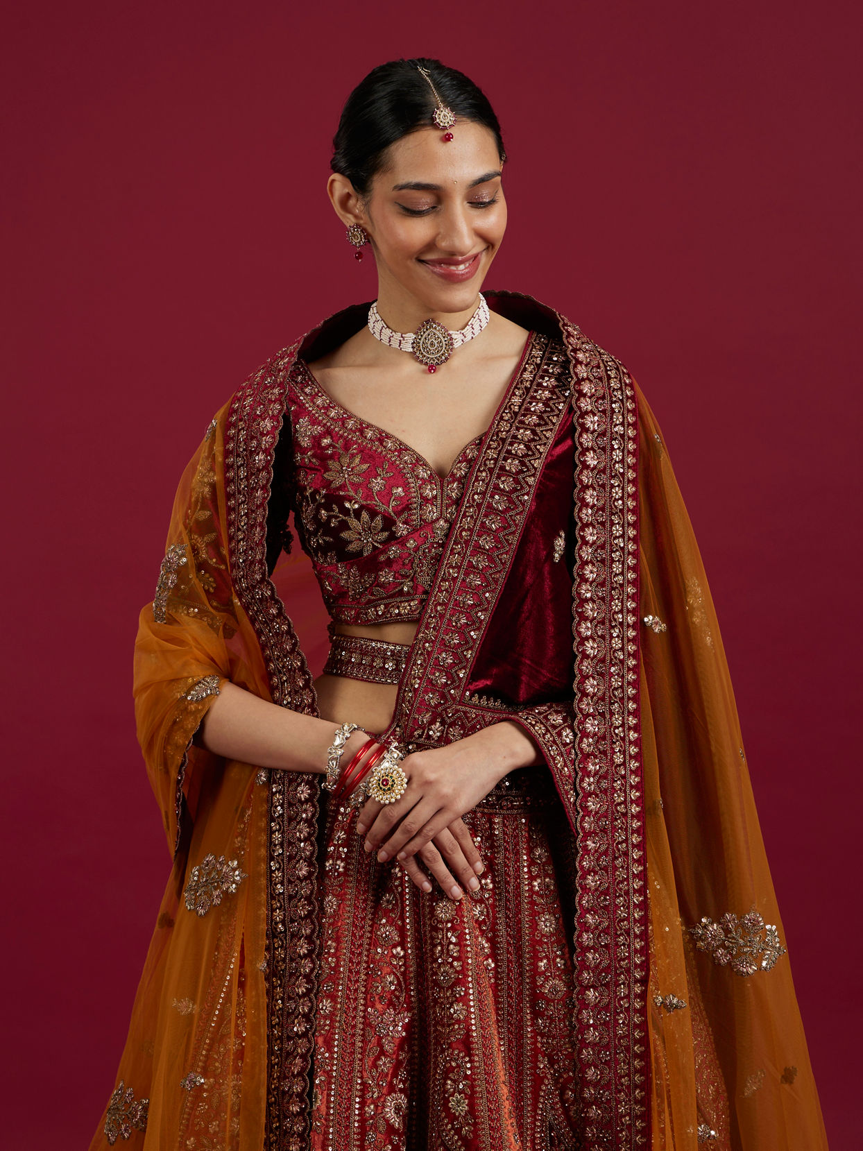 Mohey Women Cherry red and Sunrise Orange Rhinestone Work Bridal Lehenga