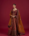 Mohey Women Cherry red and Sunrise Orange Rhinestone Work Bridal Lehenga