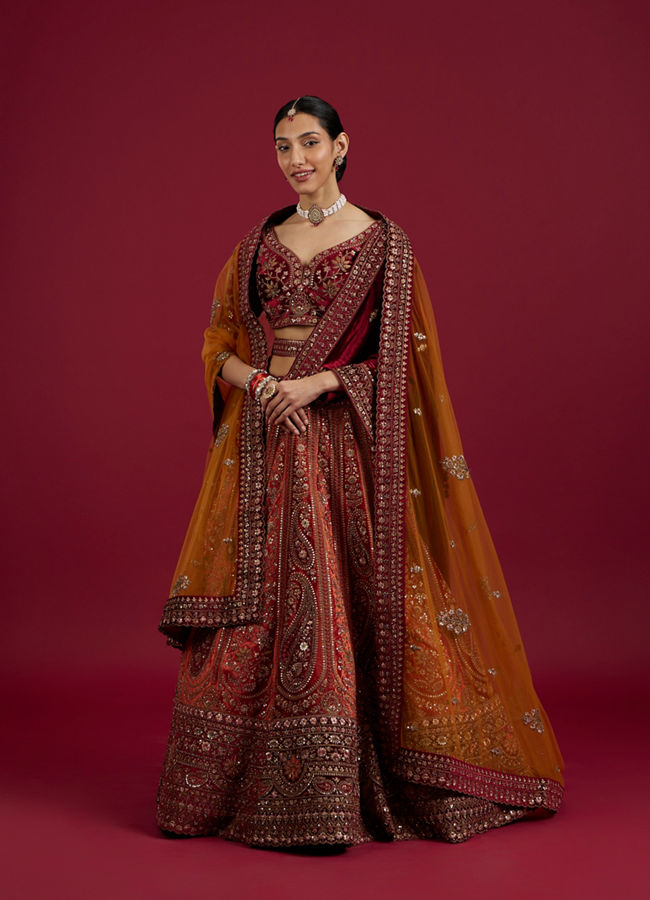 Mohey Women Cherry red and Sunrise Orange Rhinestone Work Bridal Lehenga
