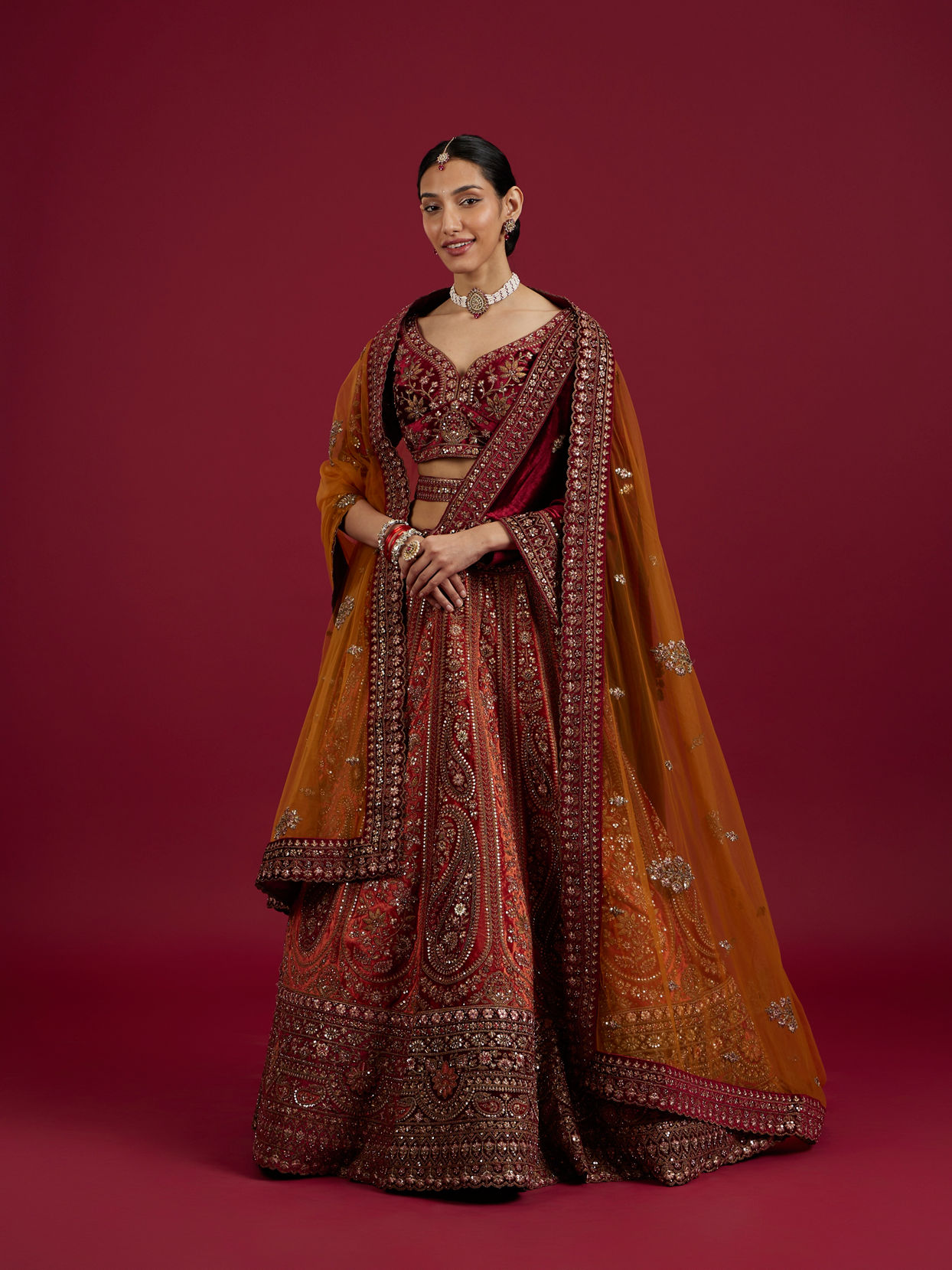 Mohey Women Cherry red and Sunrise Orange Rhinestone Work Bridal Lehenga