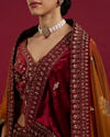 Mohey Women Cherry red and Sunrise Orange Rhinestone Work Bridal Lehenga