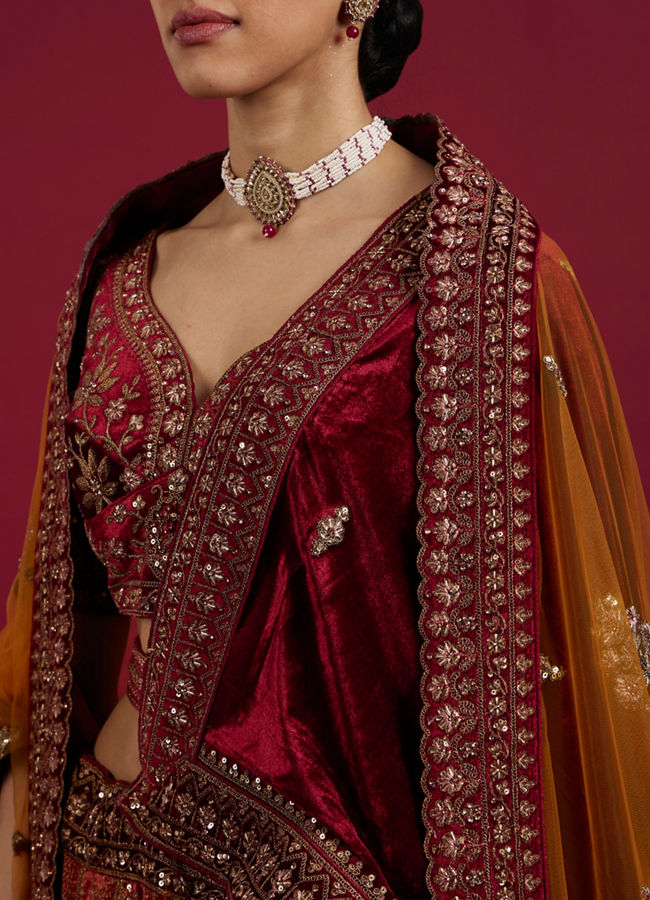 Mohey Women Cherry red and Sunrise Orange Rhinestone Work Bridal Lehenga