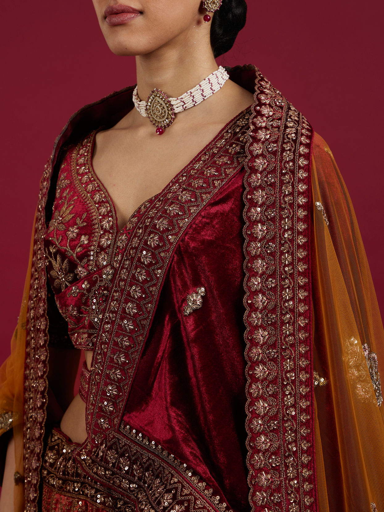 Mohey Women Cherry red and Sunrise Orange Rhinestone Work Bridal Lehenga