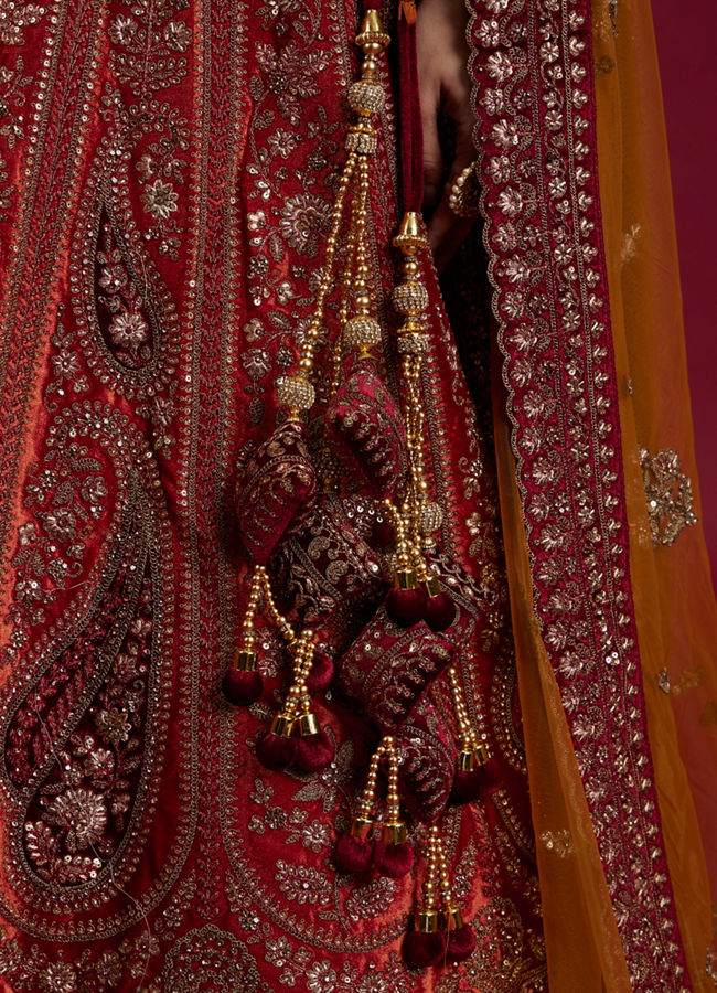 Mohey Women Cherry red and Sunrise Orange Rhinestone Work Bridal Lehenga