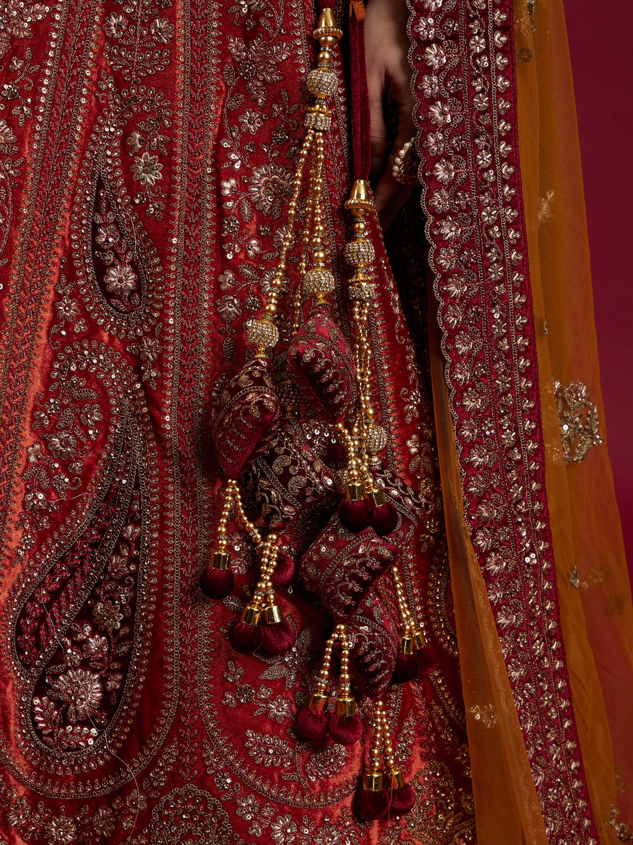 Mohey Women Cherry red and Sunrise Orange Rhinestone Work Bridal Lehenga