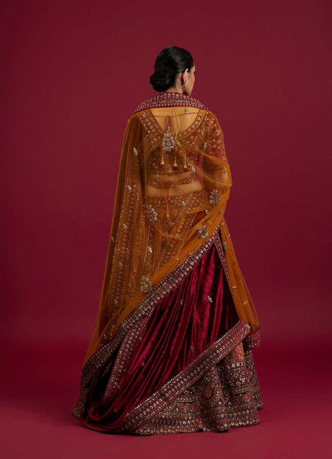 Mohey Women Cherry red and Sunrise Orange Rhinestone Work Bridal Lehenga