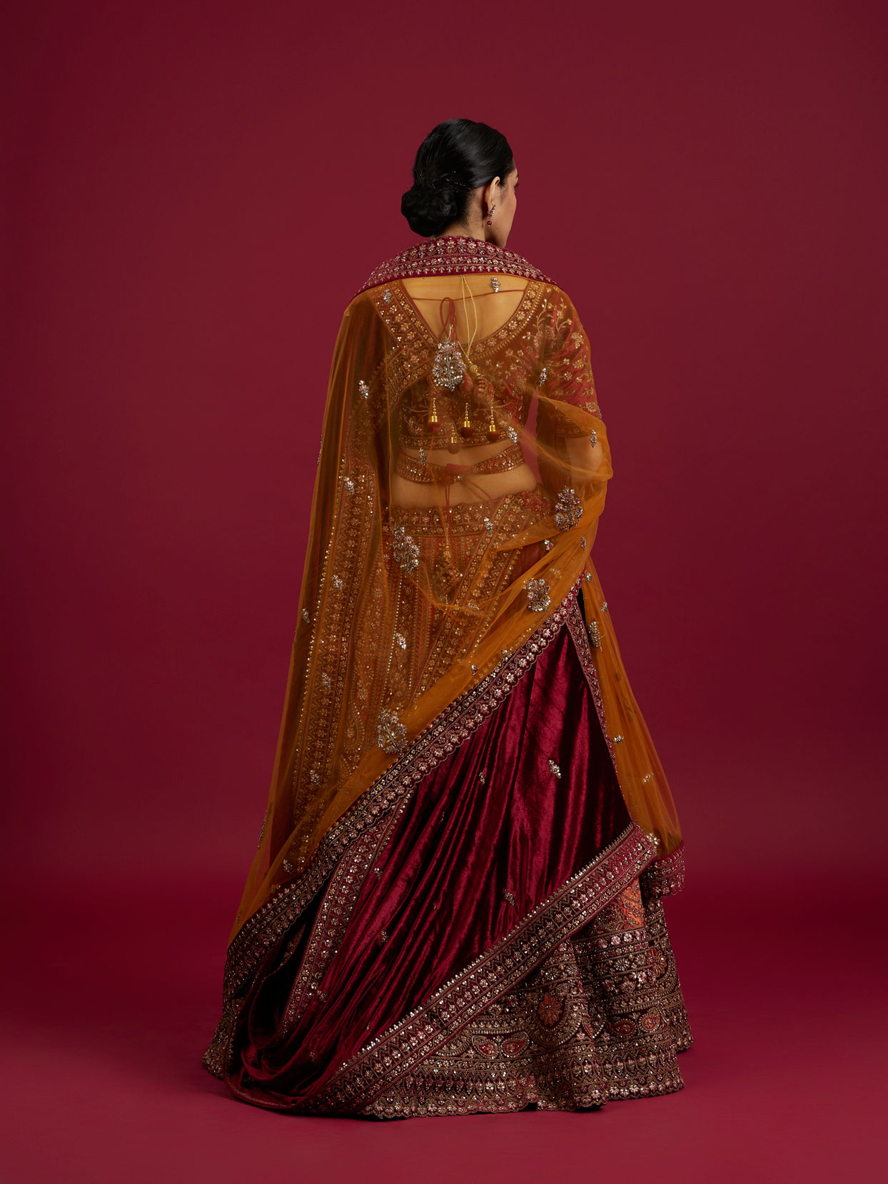 Mohey Women Cherry red and Sunrise Orange Rhinestone Work Bridal Lehenga