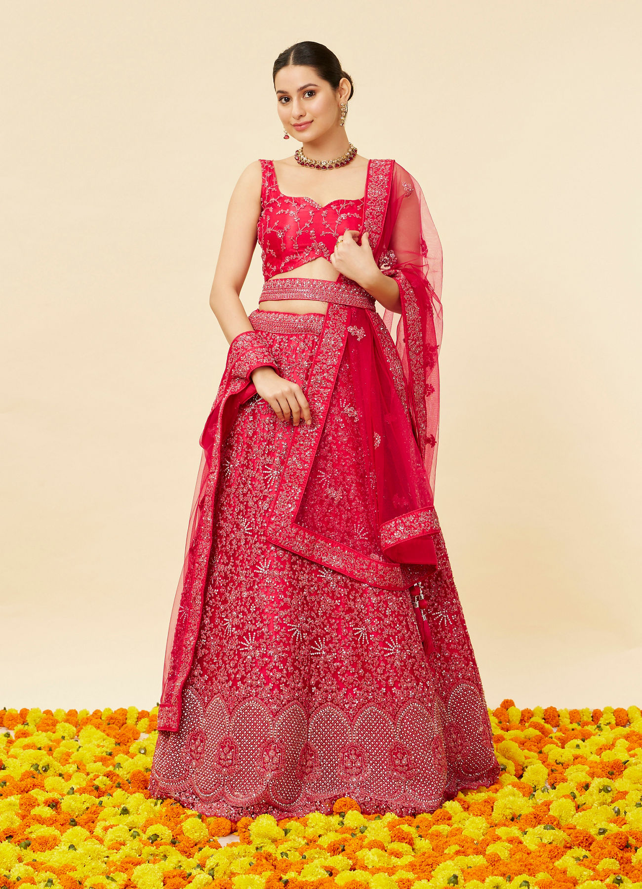 Mohey Women Rani Pink Bel Buti Embroidered and Sequined Lehenga