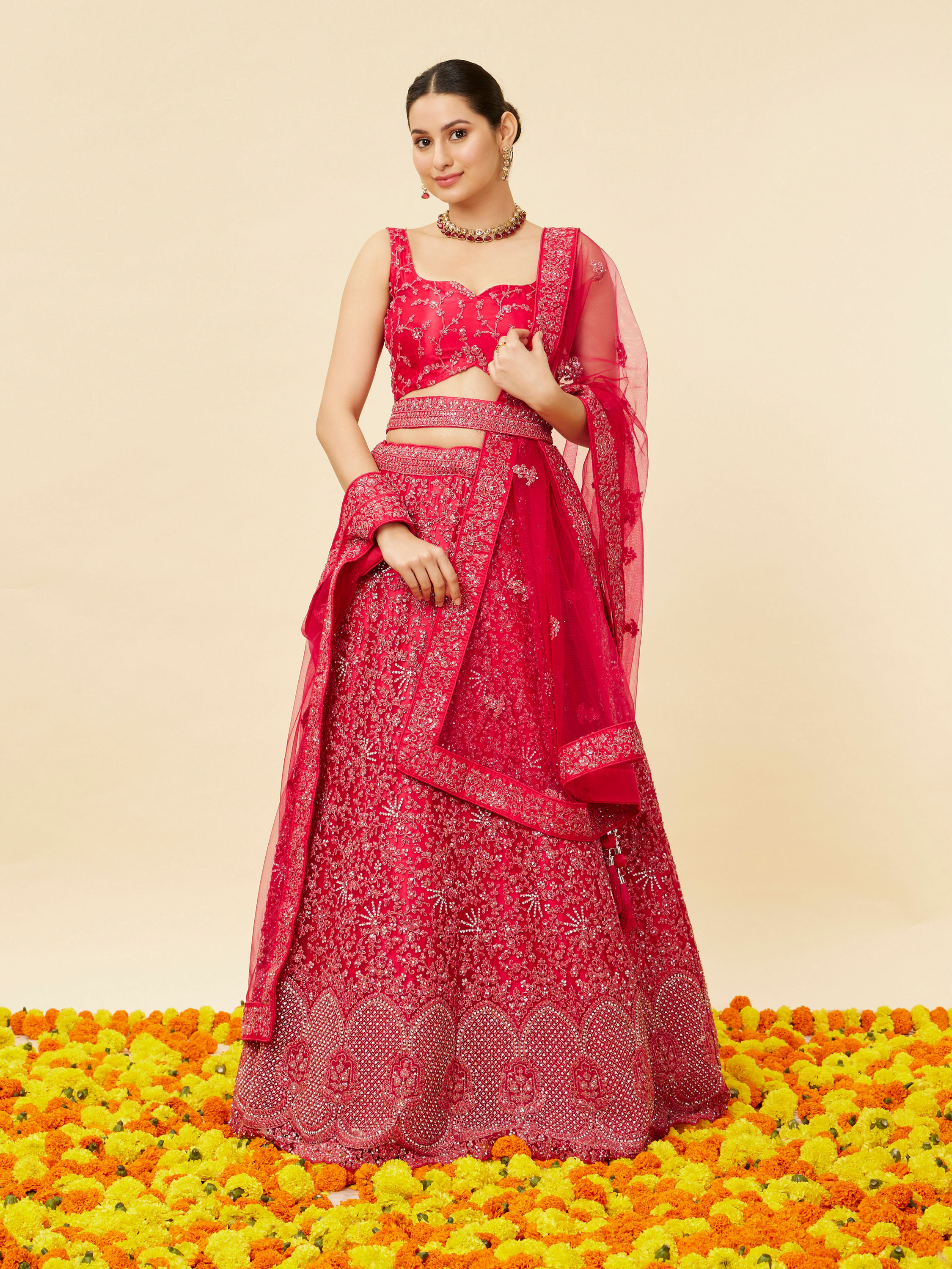 Mohey Women Rani Pink Bel Buti Embroidered and Sequined Lehenga