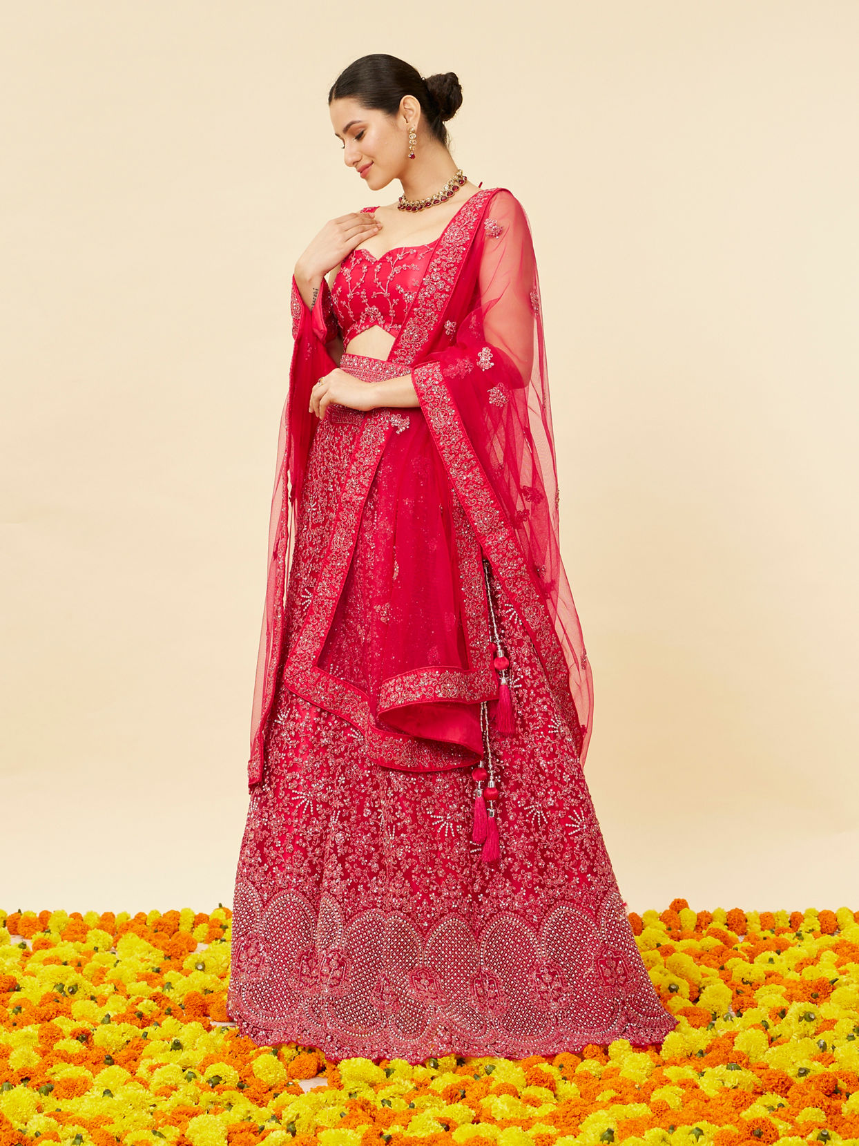 Mohey Women Rani Pink Bel Buti Embroidered and Sequined Lehenga