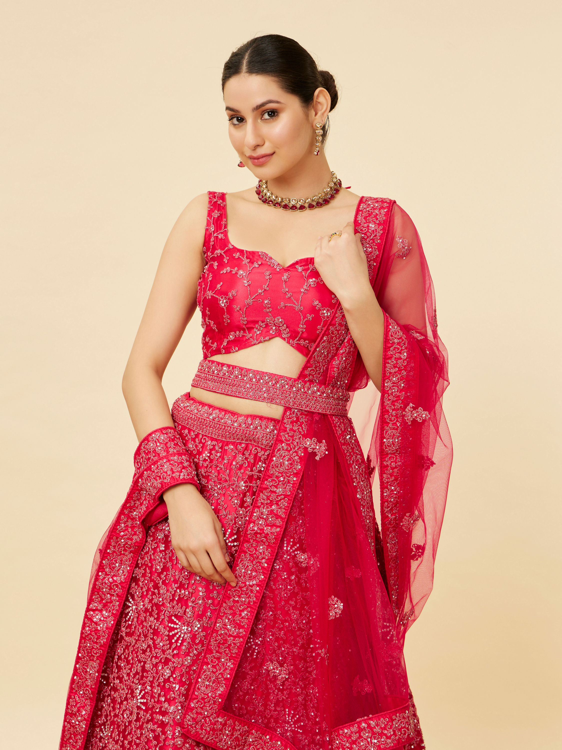 Mohey Women Rani Pink Bel Buti Embroidered and Sequined Lehenga