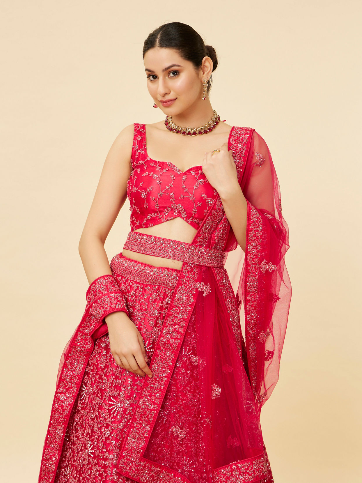 Mohey Women Rani Pink Bel Buti Embroidered and Sequined Lehenga image number 1