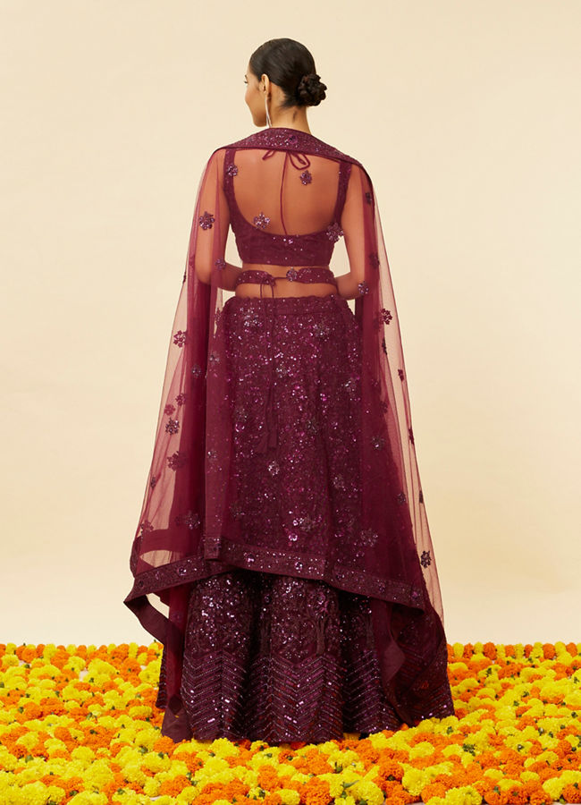 Mohey Women Wine Bel Buti Embroidered and Sequined Lehenga