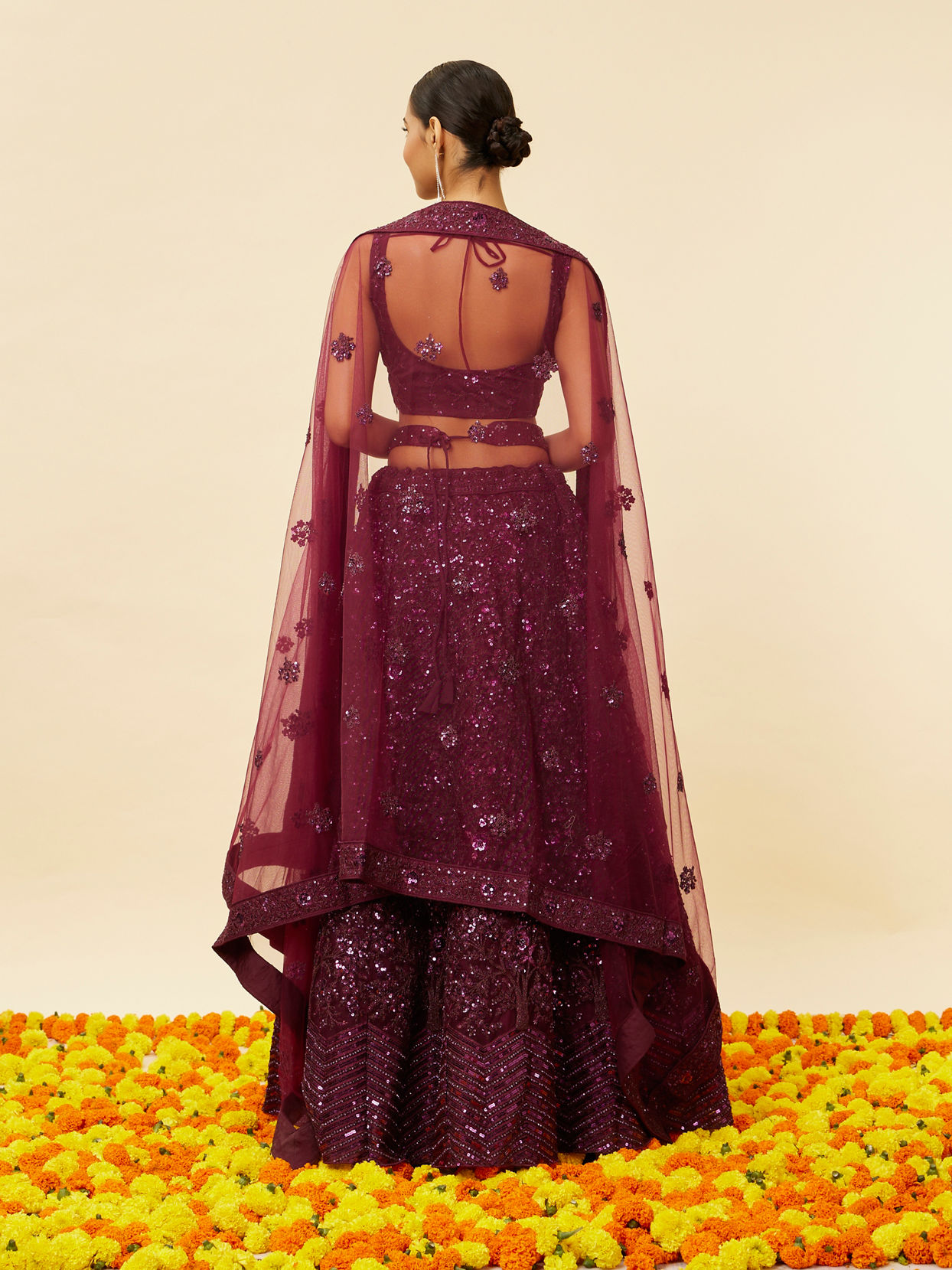 Mohey Women Wine Bel Buti Embroidered and Sequined Lehenga