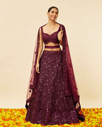 Mohey Women Wine Bel Buti Embroidered and Sequined Lehenga