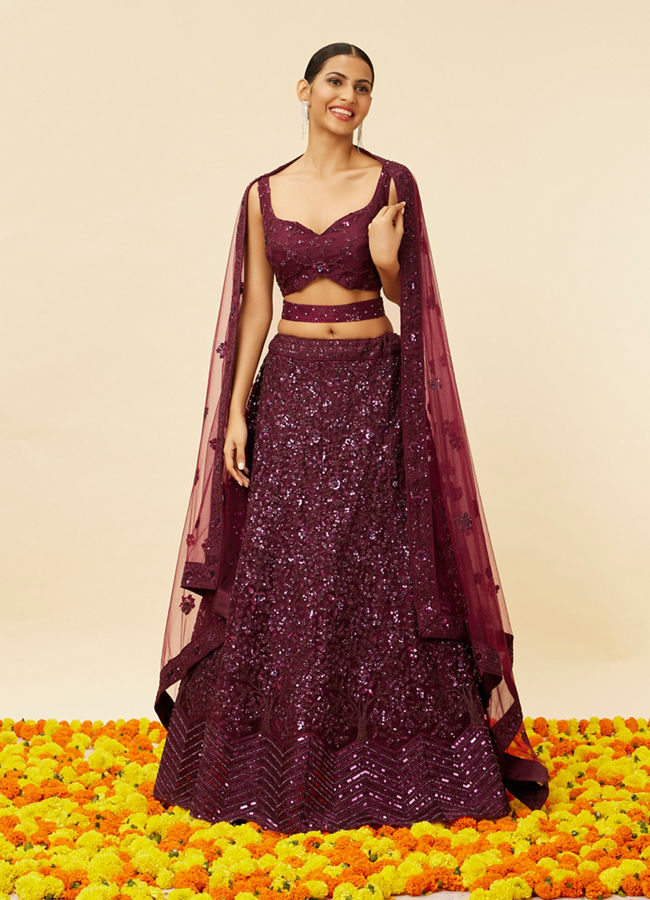 alt message - Mohey Women Wine Bel Buti Embroidered and Sequined Lehenga image number 0