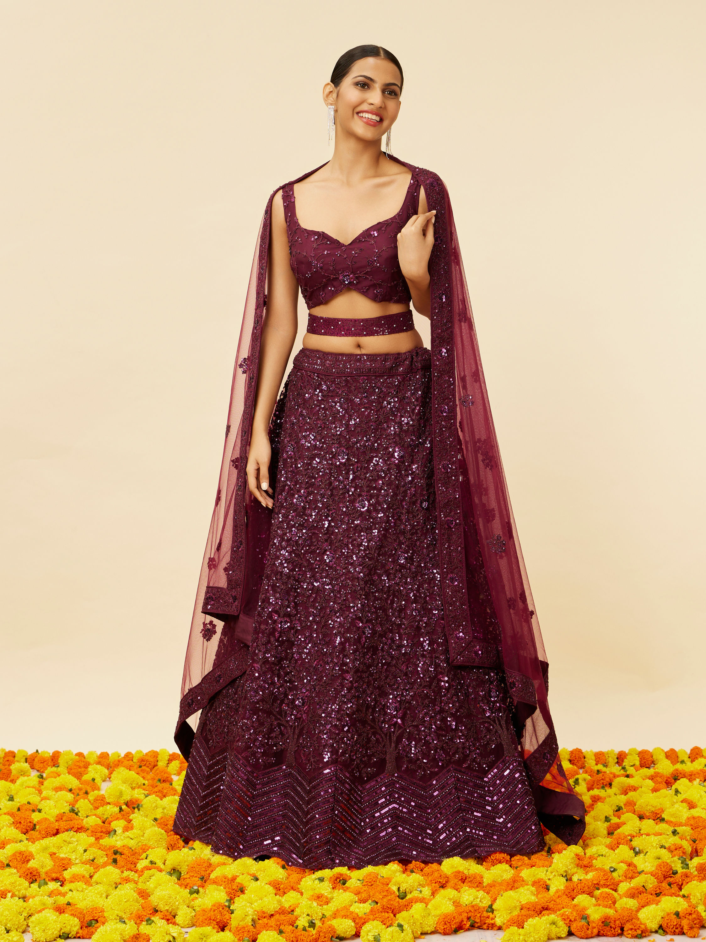 Mohey Women Wine Bel Buti Embroidered and Sequined Lehenga