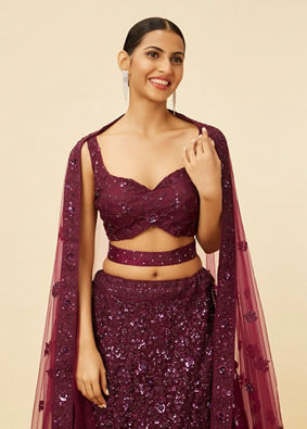 Mohey Women Wine Bel Buti Embroidered and Sequined Lehenga