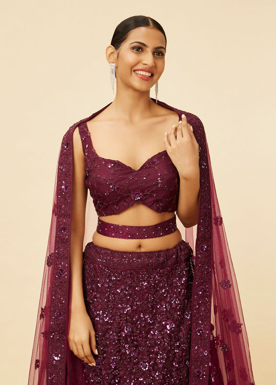 Mohey Women Wine Bel Buti Embroidered and Sequined Lehenga