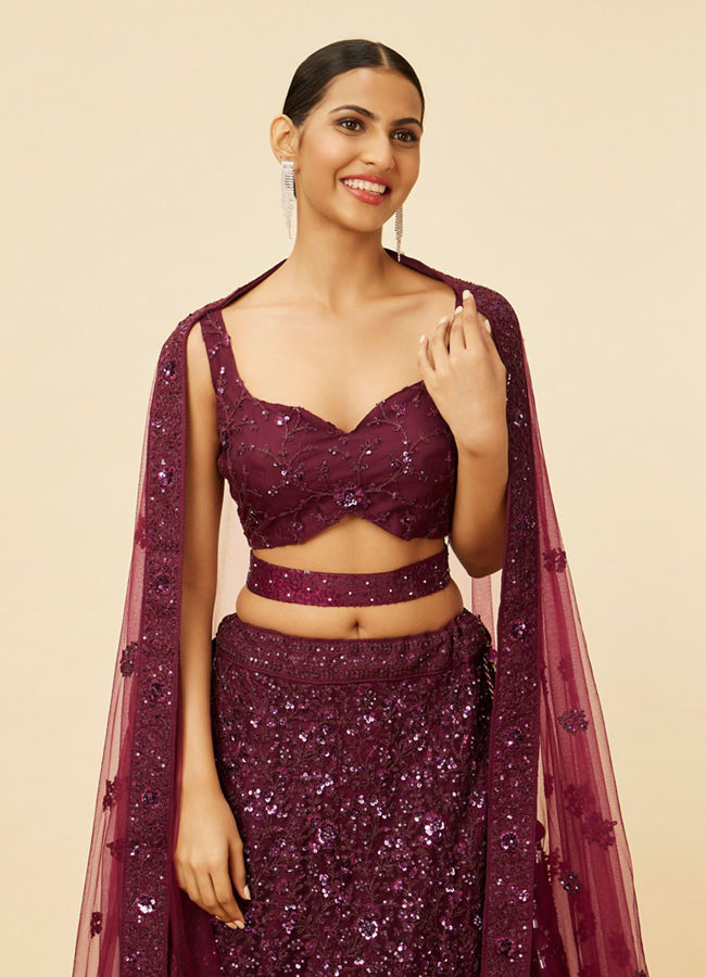 Mohey Women Wine Bel Buti Embroidered and Sequined Lehenga