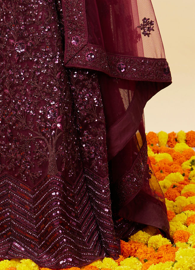 Mohey Women Wine Bel Buti Embroidered and Sequined Lehenga