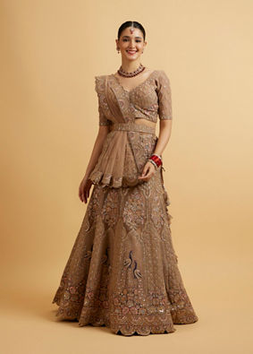alt message - Mohey Women Golden Fawn Sitara Embroidered Bridal Lehenga image number 0