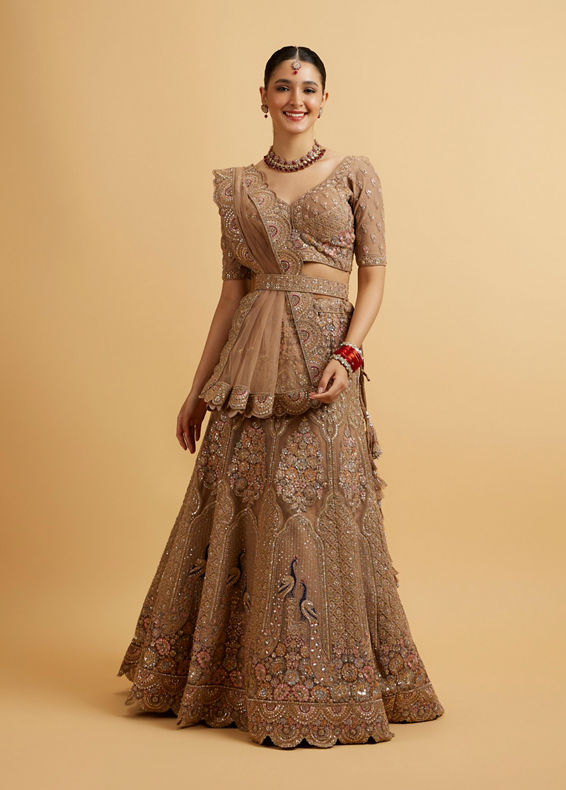 Mohey Women Golden Fawn Sitara Embroidered Bridal Lehenga