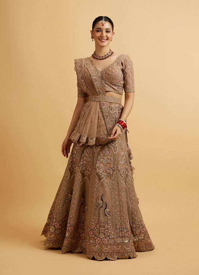 alt message - Mohey Women Golden Fawn Sitara Embroidered Bridal Lehenga image number 0