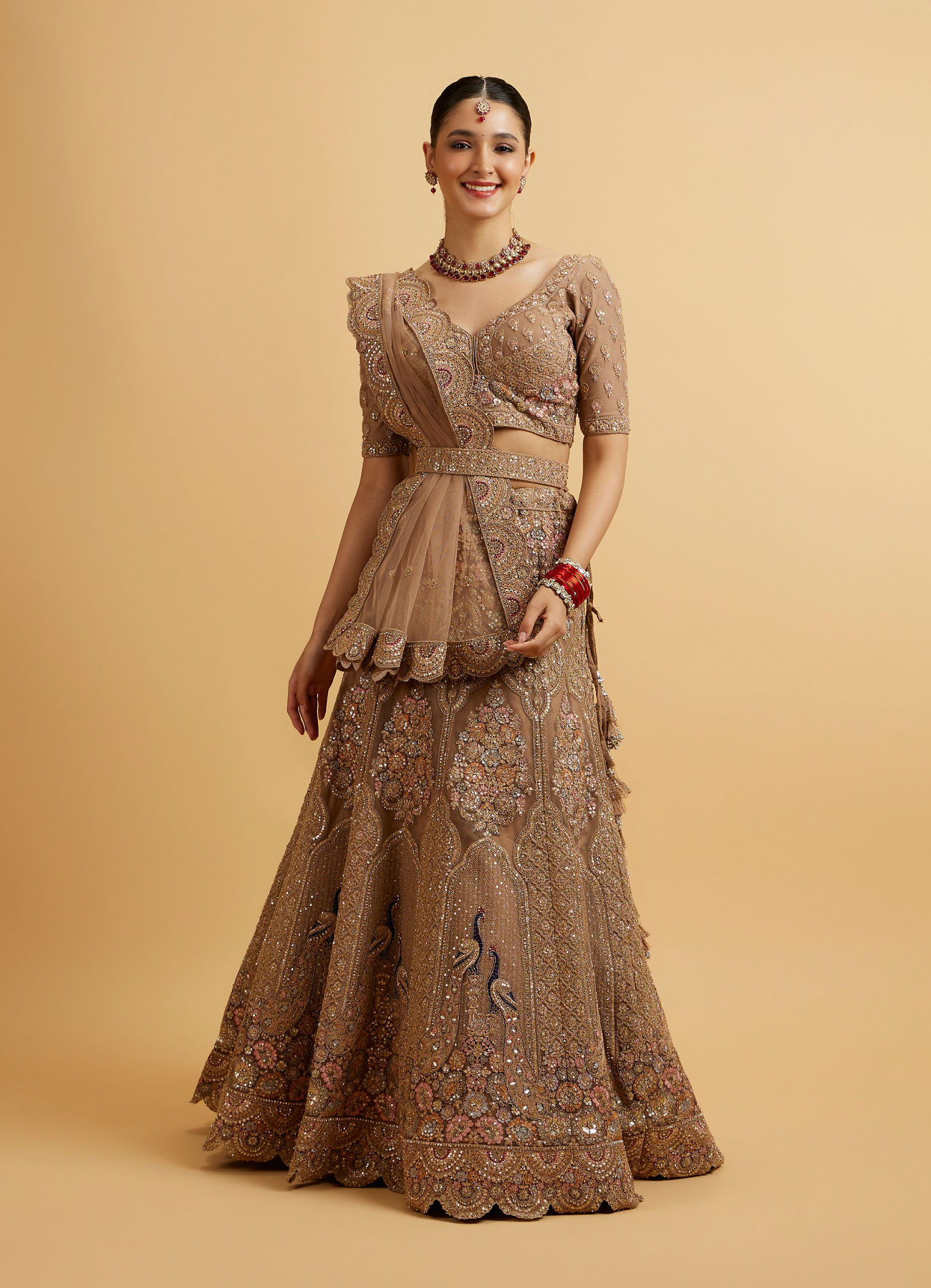 Mohey Women Golden Fawn Sitara Embroidered Bridal Lehenga