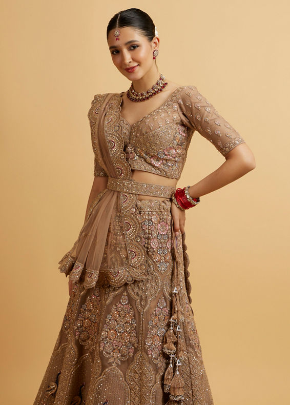 Mohey Women Golden Fawn Sitara Embroidered Bridal Lehenga