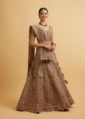alt message - Mohey Women Golden Fawn Sitara Embroidered Bridal Lehenga image number 2