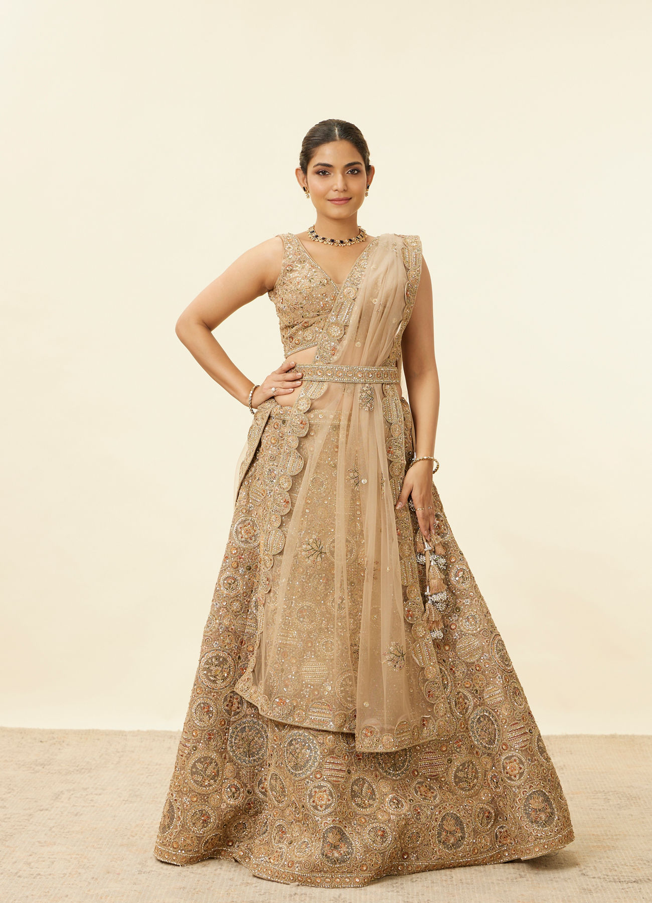 Mohey Women Biscuit Beige Moti Work Bridal Lehenga