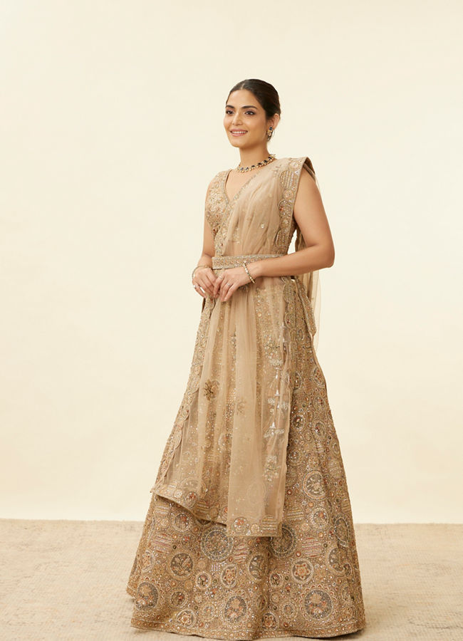 Mohey Women Biscuit Beige Moti Work Bridal Lehenga